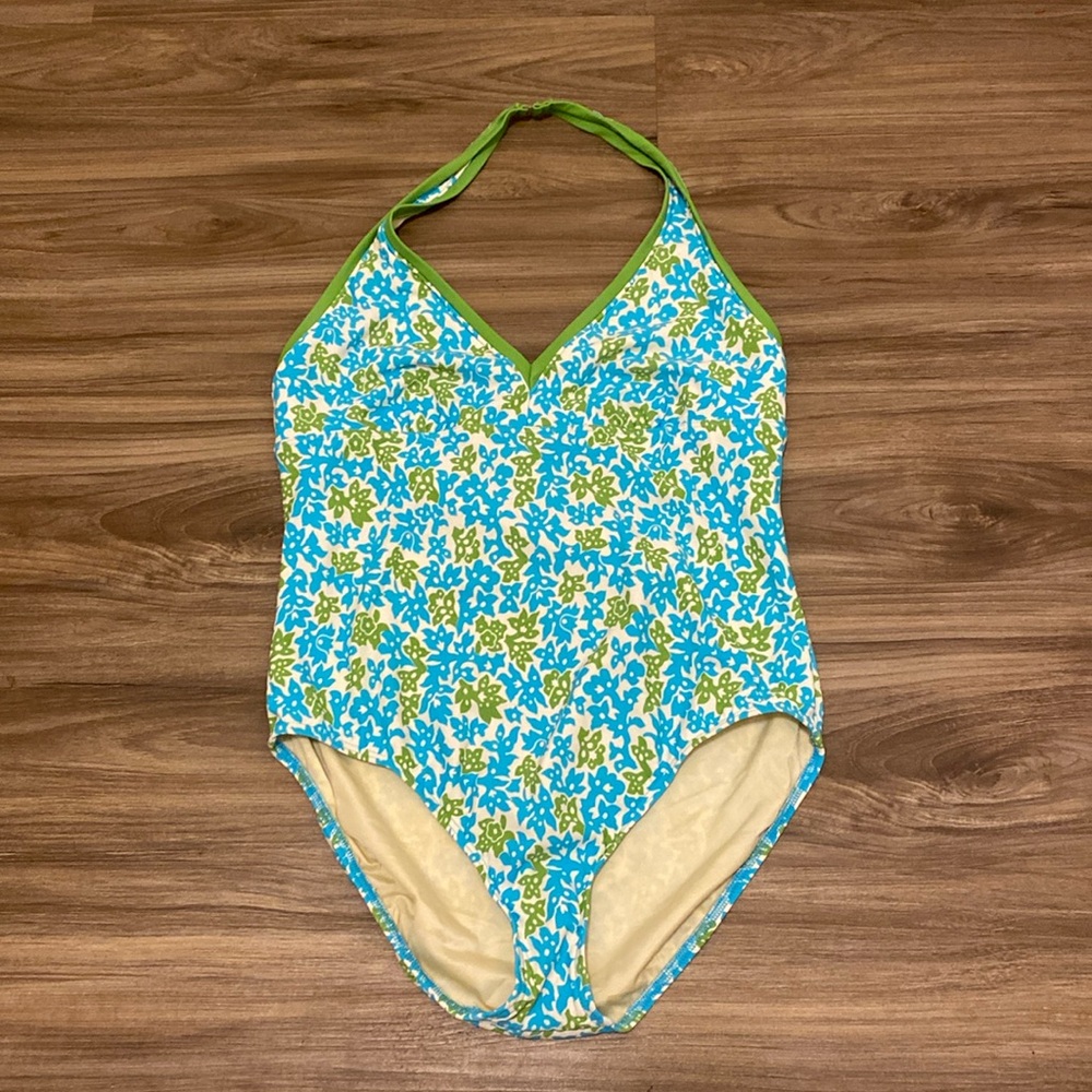 Lands End one-piece halter neck in blue‎ and green design